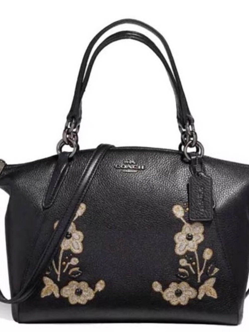 Coach Embossed Small Kelsey Black Leather Shoulder Bag with Floral Appliqué